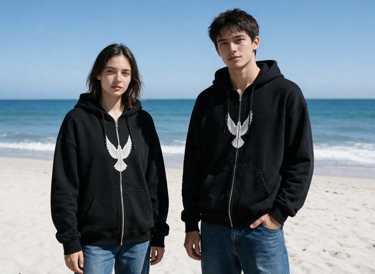 Couple wearing the Redeemed zip hoodie on the beach, dove front