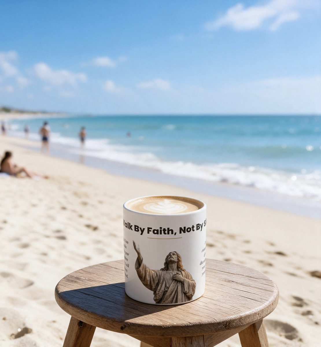 Walk By Faith mug with a latte on a beach table