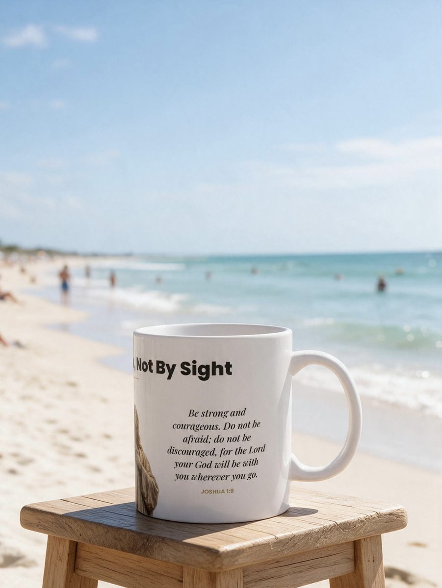 Walk By Faith mug on a beach table, Joshua 1:9