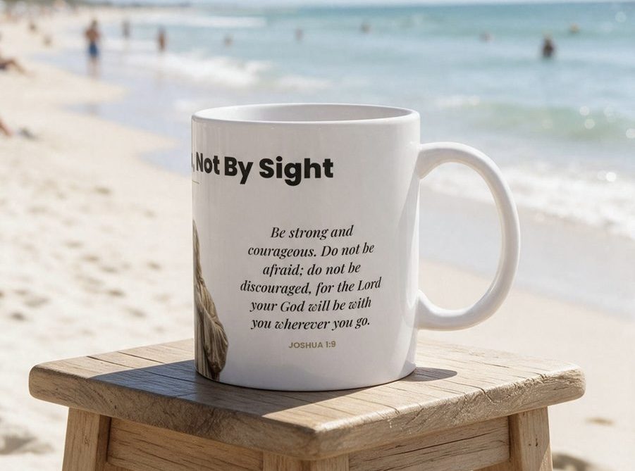 Walk By Faith mug on a beach table, Joshua 1:9